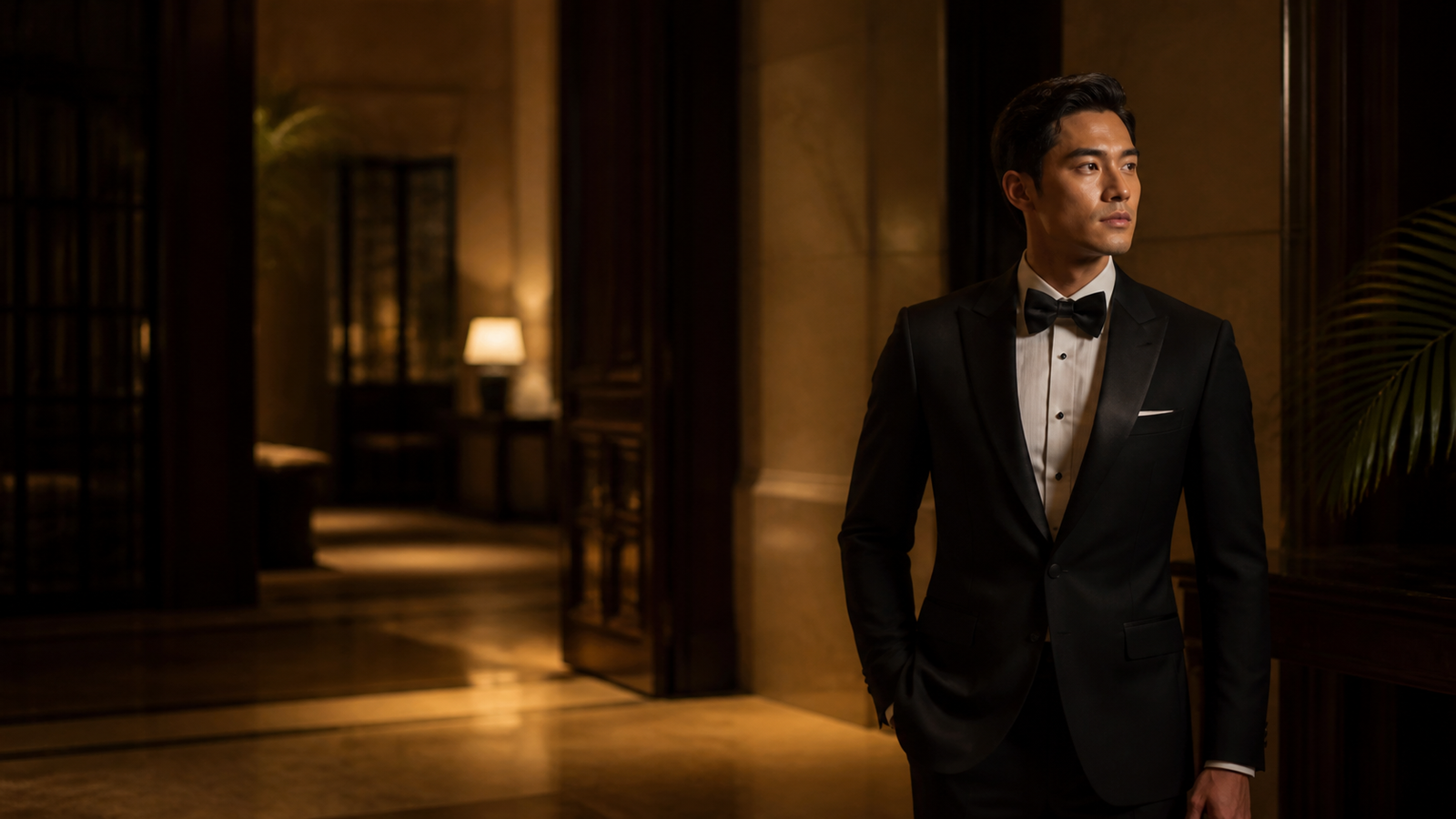 Indonesian groom wearing a black tuxedo in an elegant hotel setting