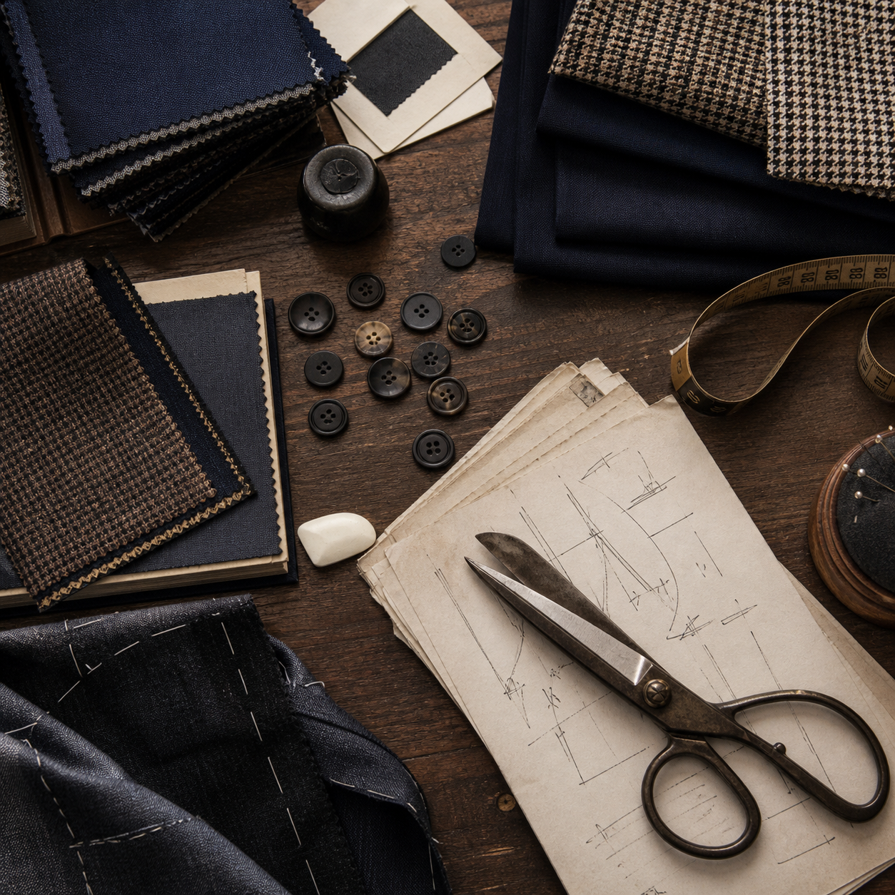Tailoring fabric swatches, horn buttons and traditional shears